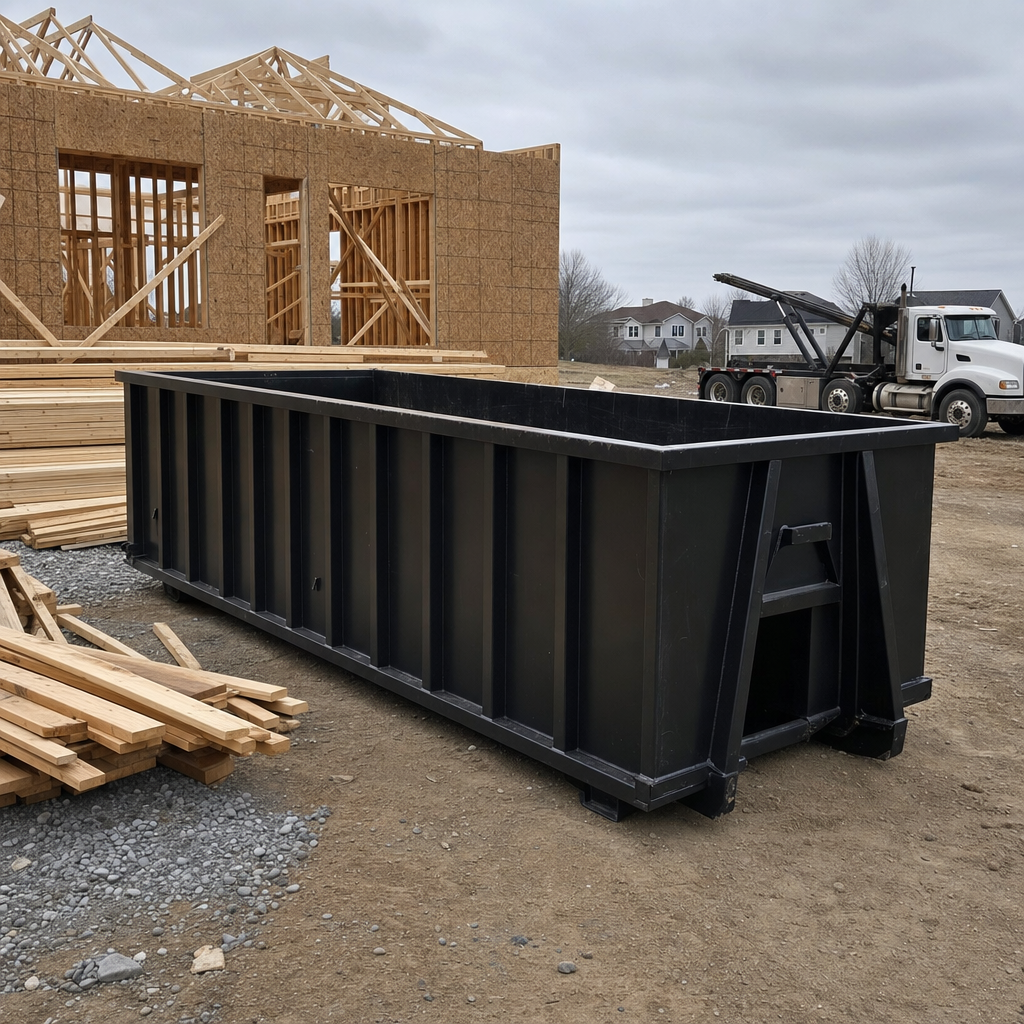 Matte-black 40-yard roll-off dumpster staged on a framed-out residential construction site in Fenton, framing lumber stacked nearby, hooklift delivery truck visible in the background under bright Colorado daylight