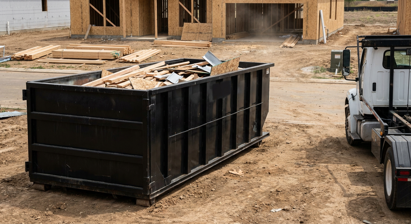 Matte-black 20-yard roll-off construction dumpster with heavy ribbed steel sidewalls and swing rear doors at a working jobsite in Fenton, sitting directly on compacted dirt with an unmarked white hauler partially visible at the far edge of the frame.