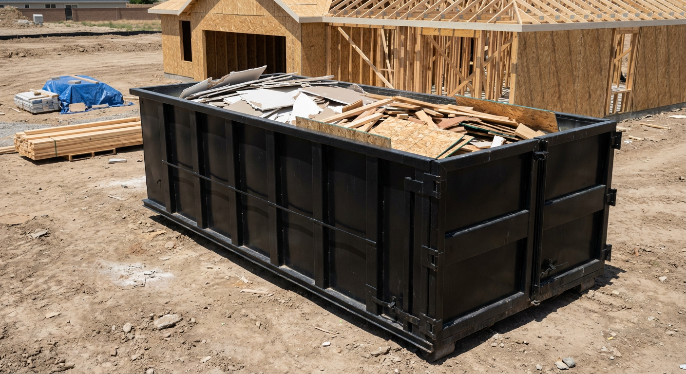 Matte-black 30-yard roll-off construction dumpster sitting directly on the compacted-dirt site of a framed single-family home build in Fenton, drywall and lumber scrap loaded inside.