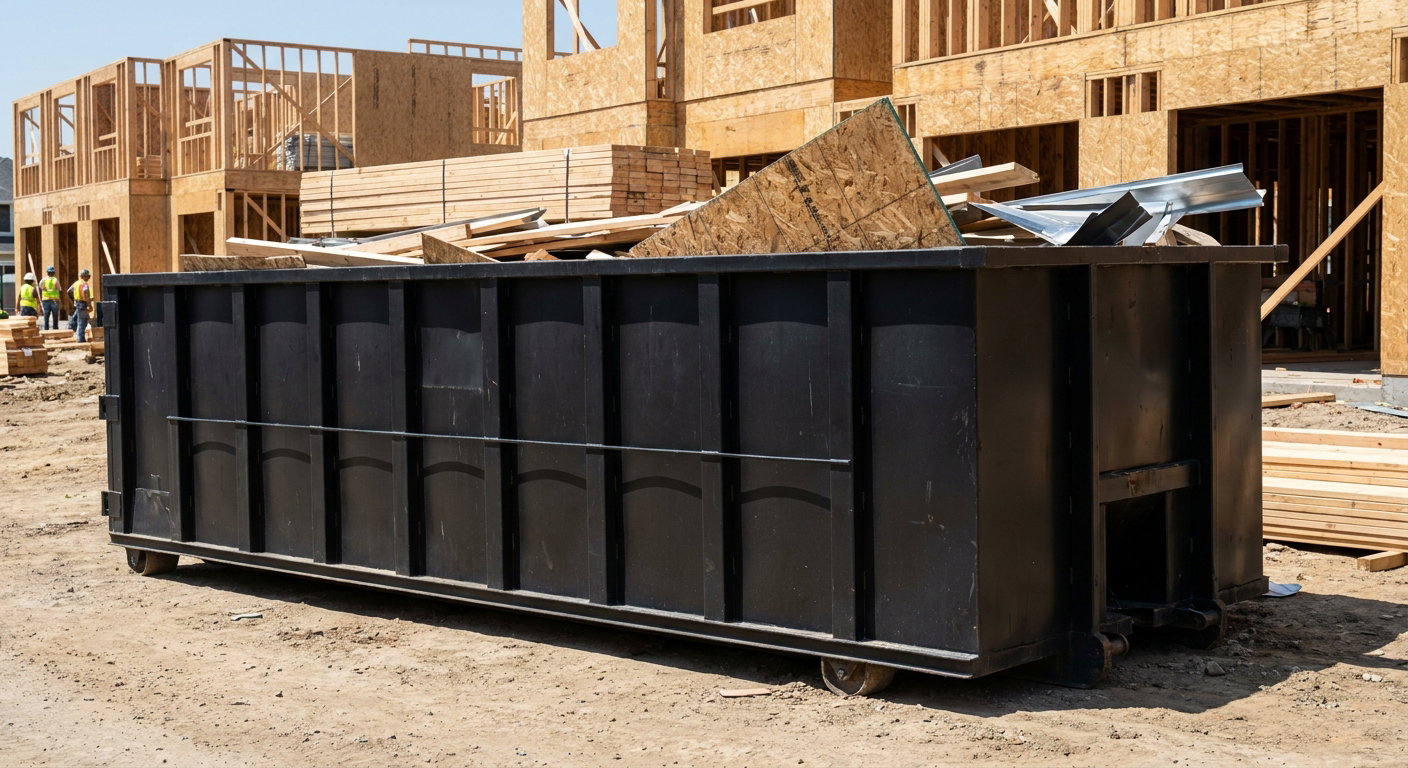 Matte-black 40-yard roll-off construction dumpster being lowered from a white-cab hooklift delivery truck onto the compacted-dirt jobsite at a commercial build site in Fenton