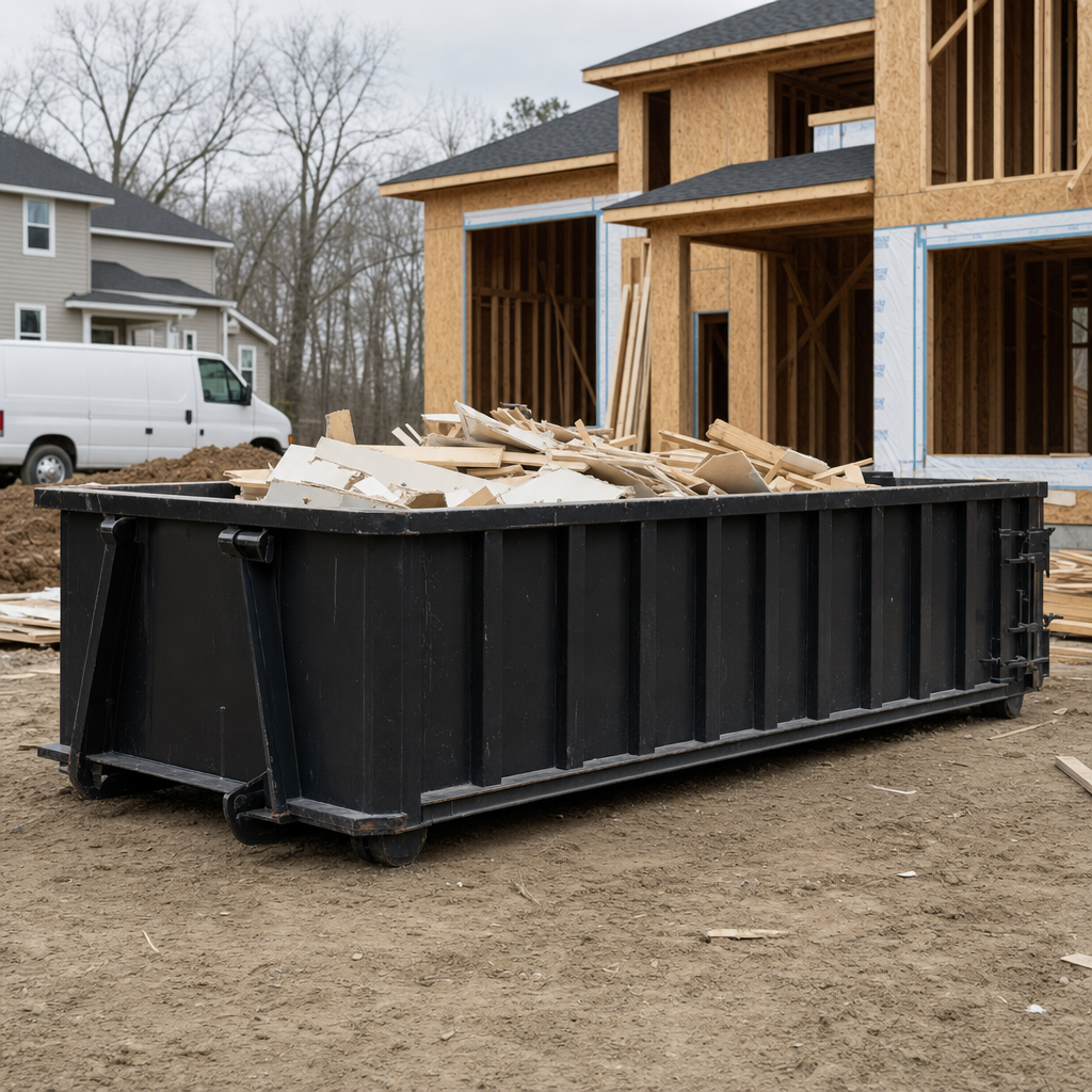 Worker in a yellow high-visibility vest tossing framing lumber and broken drywall into a matte-black 30-yard construction roll-off dumpster on an active build site in Fenton, bright daylight