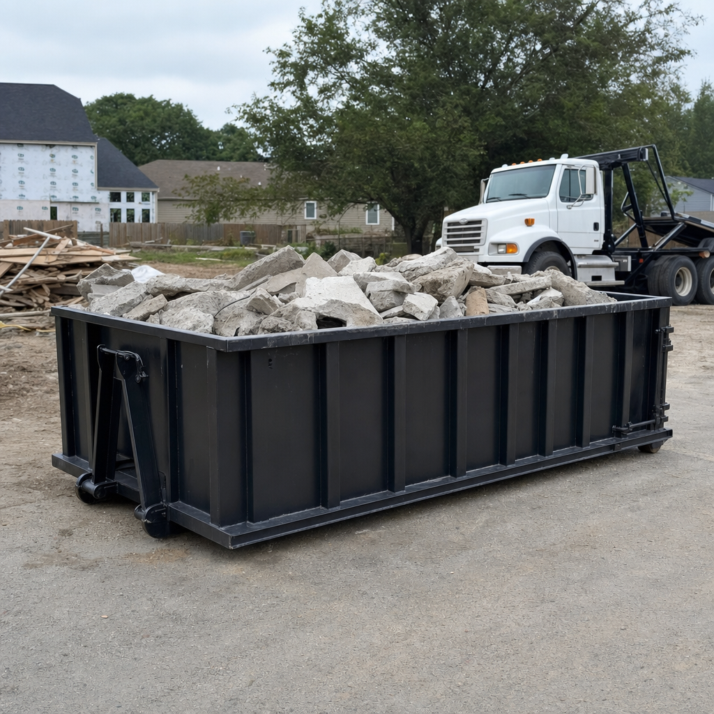 Low-profile matte-black lowboy roll-off dumpster loaded with broken concrete slab and rebar at a foundation tear-out in Fenton, skid steer parked beside it, sunny Colorado morning