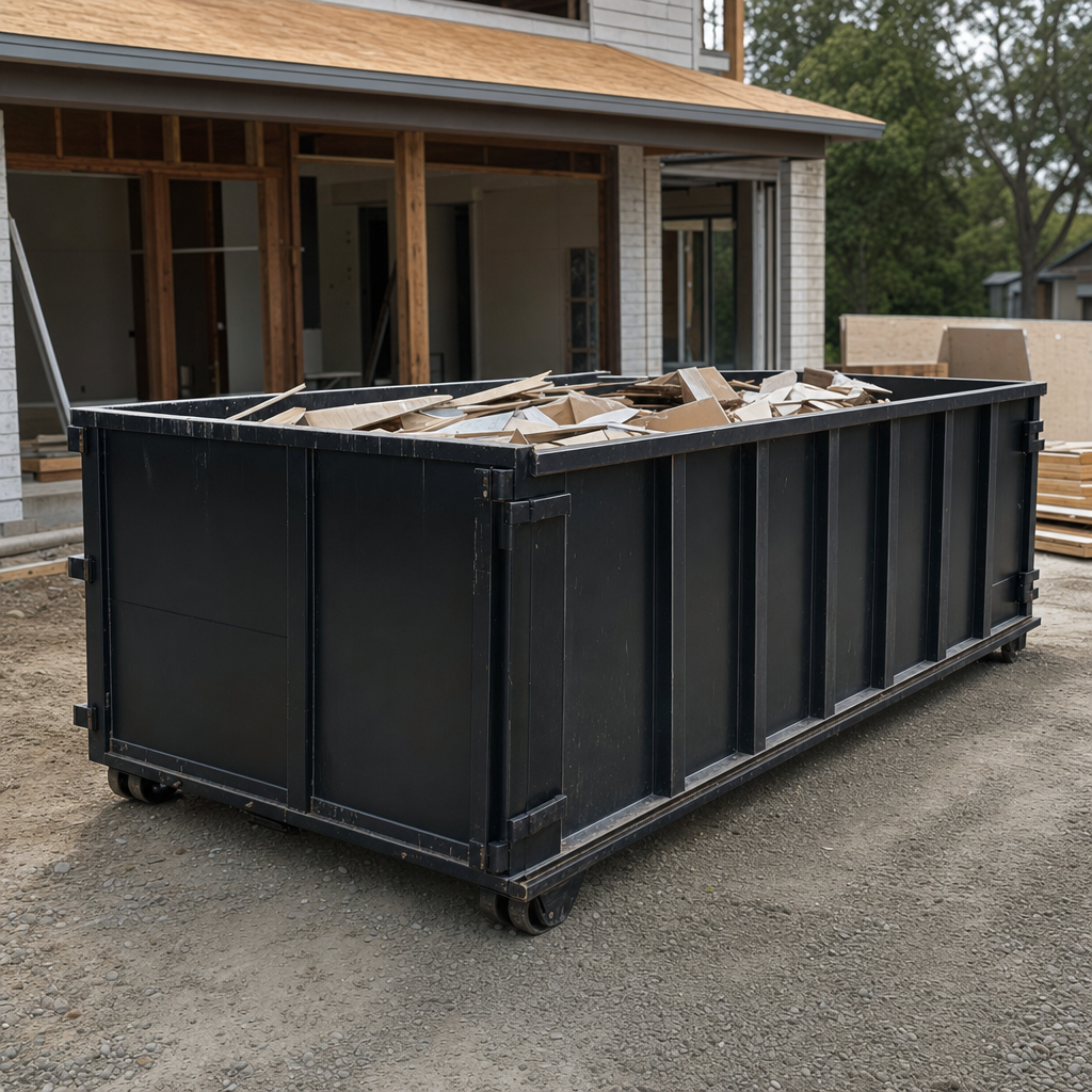 Large matte-black 30-yard construction roll-off dumpster at an active Fenton jobsite, steel-gray top rails and bottom rollers visible, loaded with construction debris.