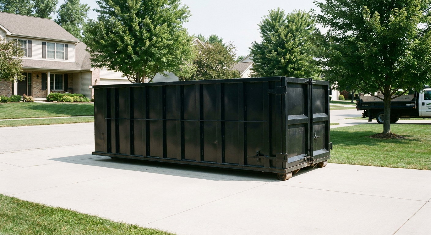 Matte-black 20-yard roll-off dumpster sitting level on a clean Fenton residential concrete driveway under bright daylight, demonstrating clean placement directly on the concrete.