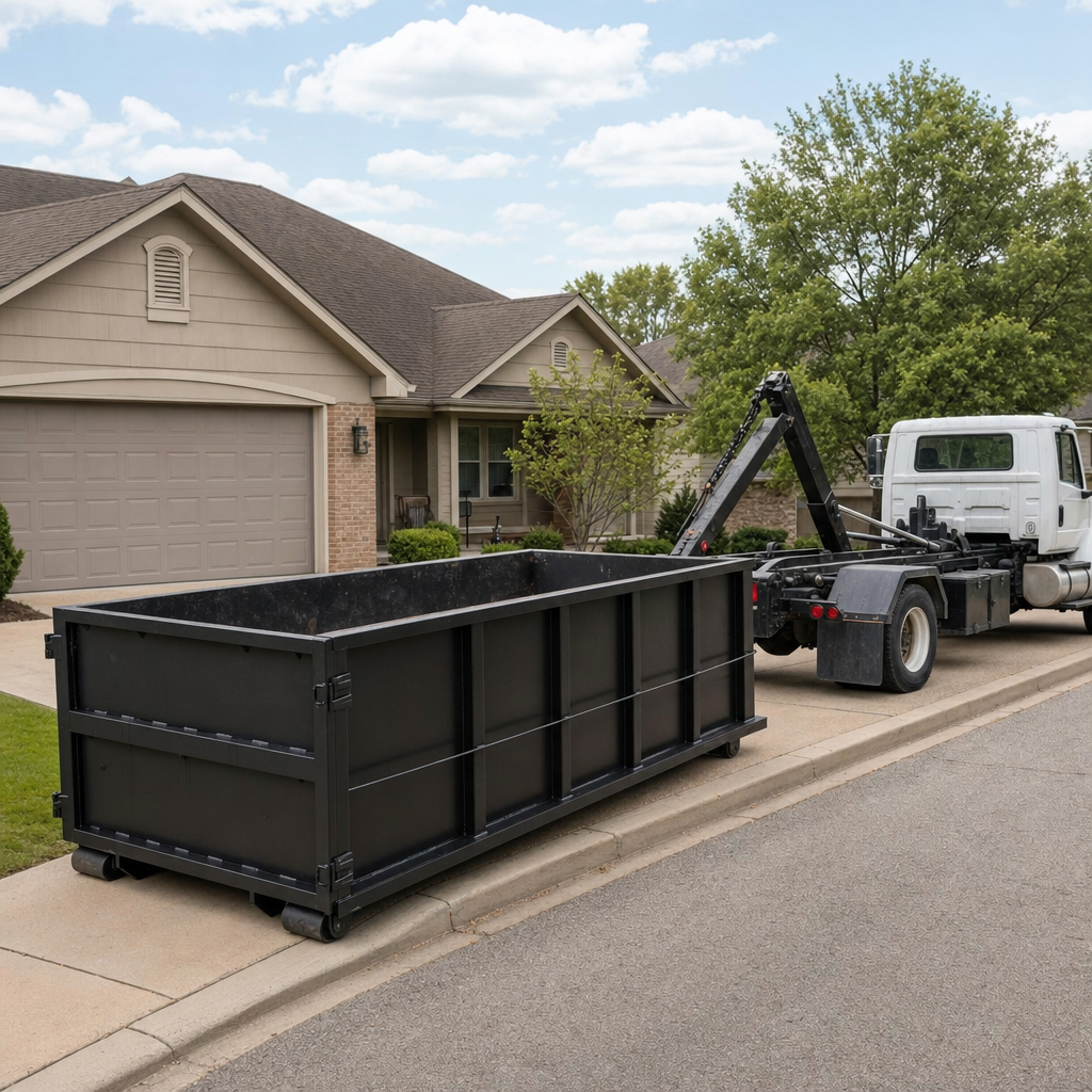Wide documentary shot of a matte-black roll-off dumpster on a Fenton residential driveway in the foreground and a contractor jobsite container in the soft-focus background, bright daylight, calm and orderly composition.