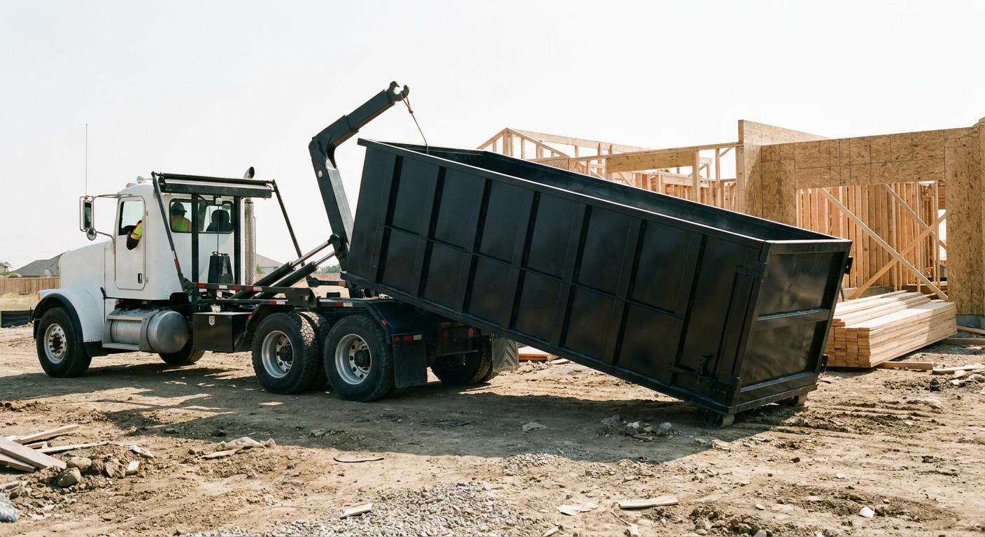 Matte-black roll-off dumpster being delivered onto a clean residential concrete driveway in Fenton by an unmarked white hooklift hauler truck, bright morning daylight, documentary 35mm perspective.