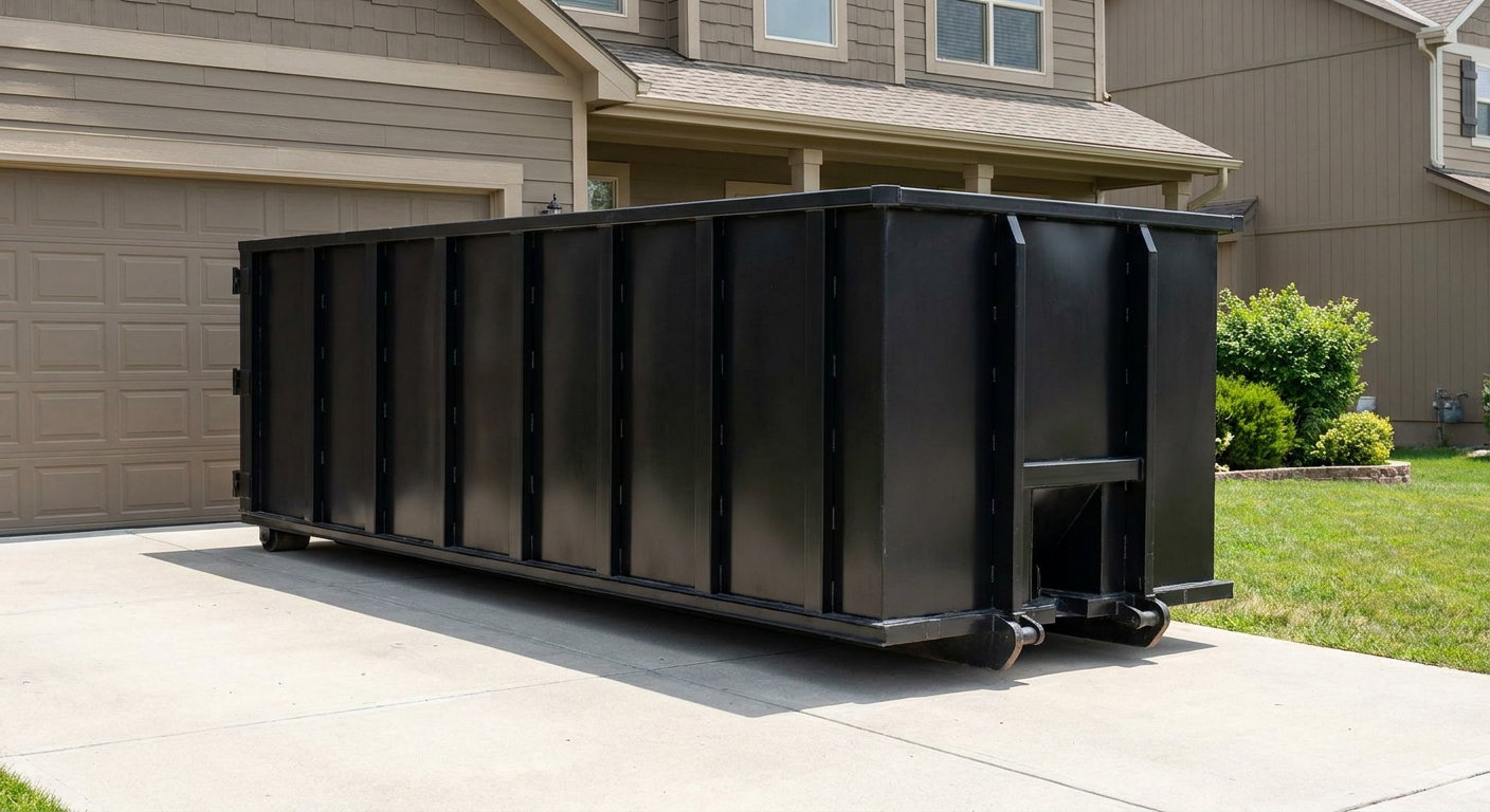 Matte-black residential roll-off dumpster sitting directly on a suburban Fenton concrete driveway, garage door closed, single-family home in background, bright morning daylight.