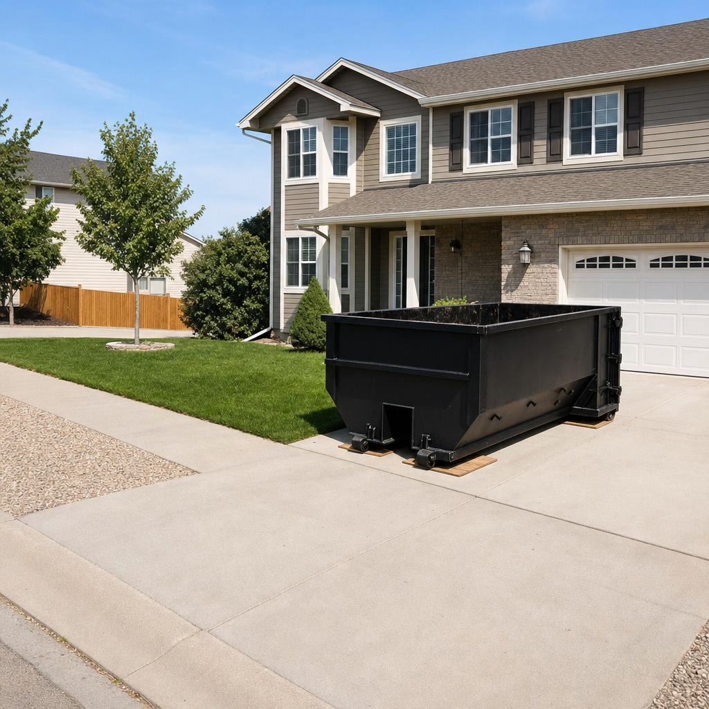 10-yard matte-black residential dumpster placed directly on a narrow Fenton concrete driveway, room remains for a parked sedan beside it, mid-morning natural light