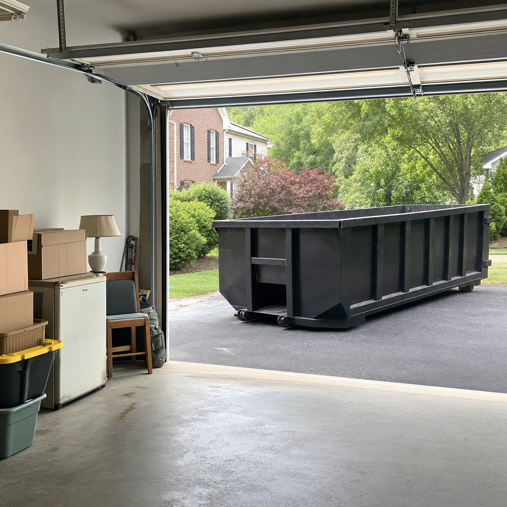 Open garage interior in a Fenton home mid-cleanout — boxed items, an old appliance, and stacked yard tools queued near the driveway for a matte-black roll-off dumpster, organized and calm