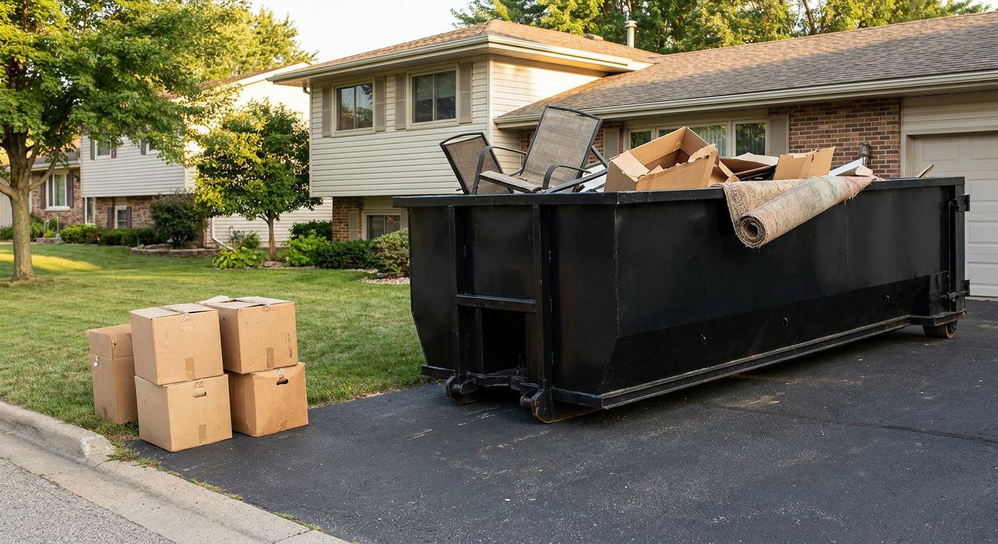 Front-yard view of a Fenton split-level home with a 20-yard matte-black roll-off dumpster sitting directly on the asphalt driveway, a few clearly labeled donation boxes staged at the curb, calm sunny afternoon.
