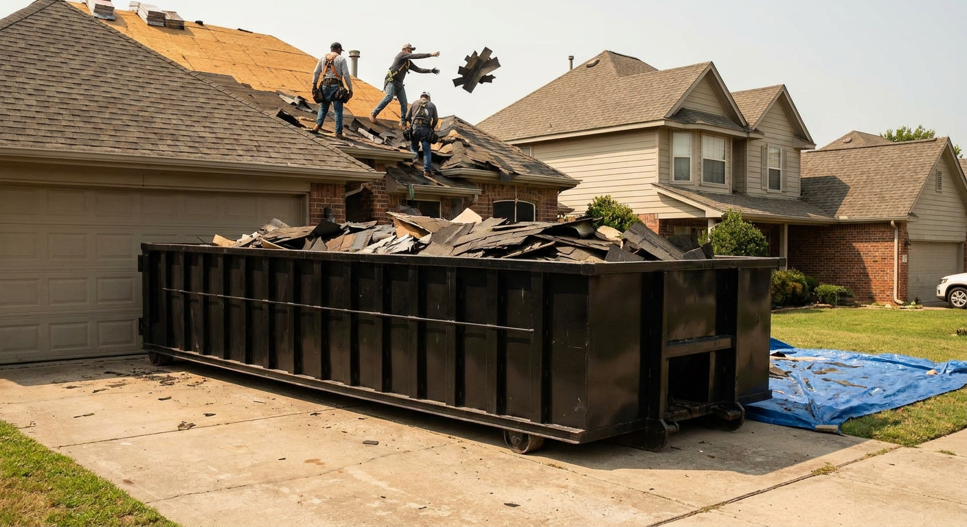 Matte-black roofing roll-off dumpster placed directly on a Fenton residential concrete driveway, a tear-off crew on a two-story asphalt-shingle roof tossing shingle bundles into the low-walled container, bright daylight, documentary 35mm perspective.