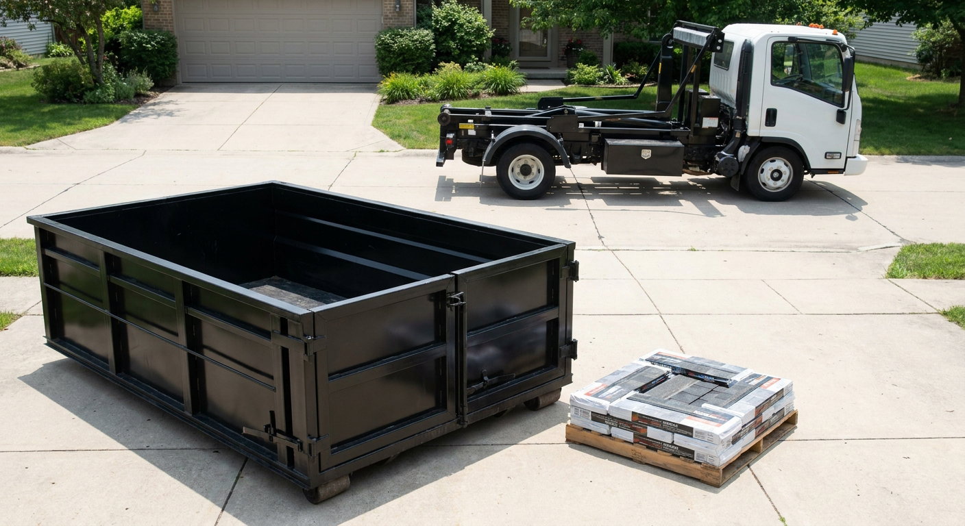 Matte-black 15-yard roofing roll-off dumpster with reinforced low side walls sitting directly on a Fenton residential concrete driveway, three-tab asphalt shingle bundles stacked nearby, an unmarked white hauler truck partially visible at the edge of the frame.