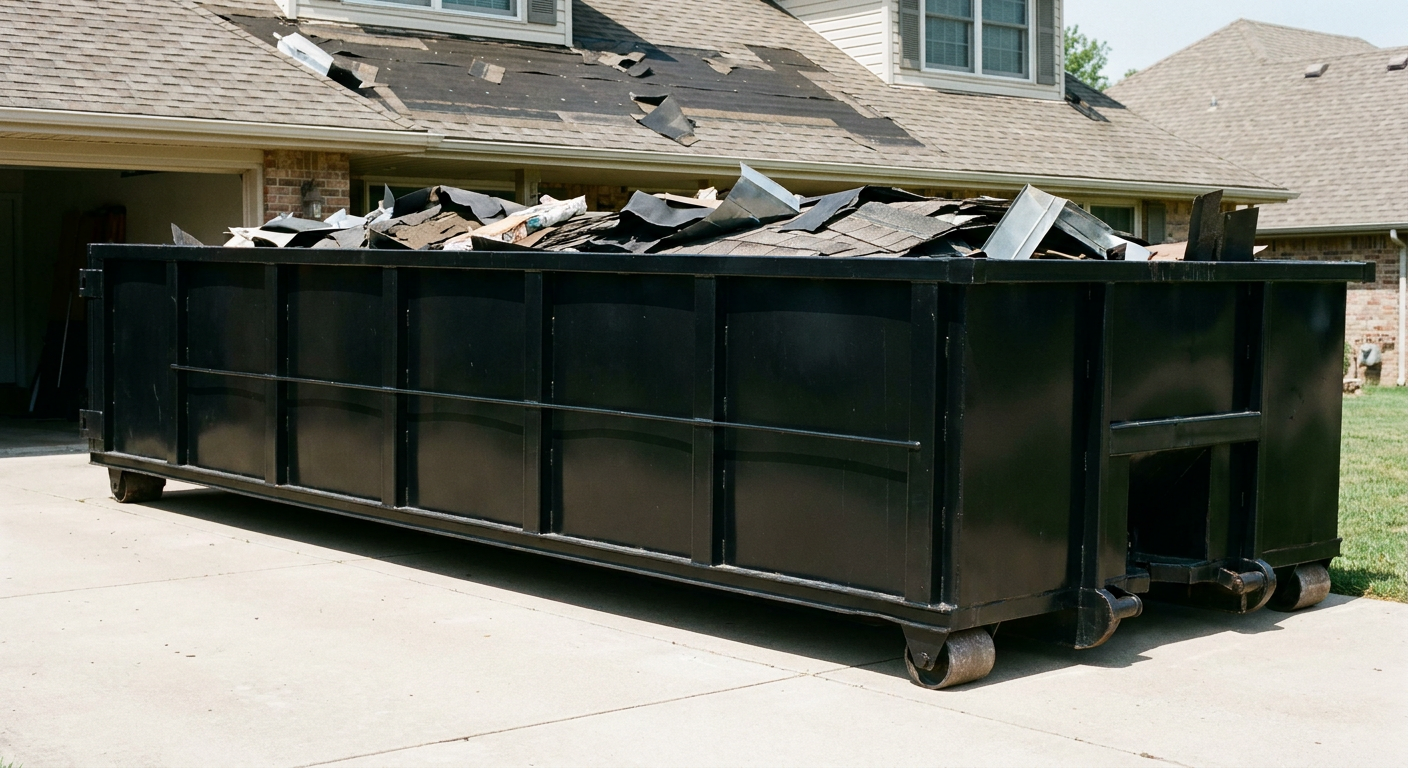 Matte-black 20-yard roofing roll-off dumpster with steel ribbed sides and swinging rear door, sitting directly on the concrete driveway of a two-story Fenton home, asphalt shingle debris being loaded over the low wall, clean documentary lighting.