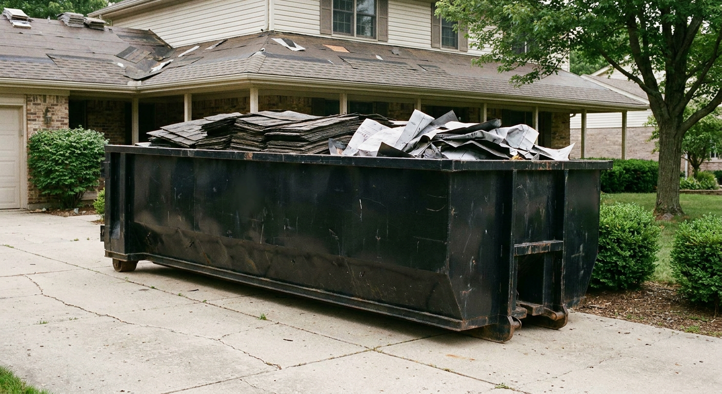 Matte-black 30-yard roofing roll-off dumpster sitting directly on a Fenton concrete driveway, taller ribbed steel side panels, mixed tear-off debris of asphalt shingles and underlayment inside, professional documentary daylight.