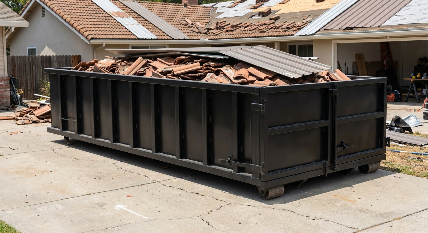 Matte-black low-wall heavy-debris roofing roll-off dumpster sitting directly on a Fenton concrete driveway, broken concrete clay roof tiles and metal panel sections loaded inside, reinforced ribbed steel side walls visible, bright outdoor daylight.