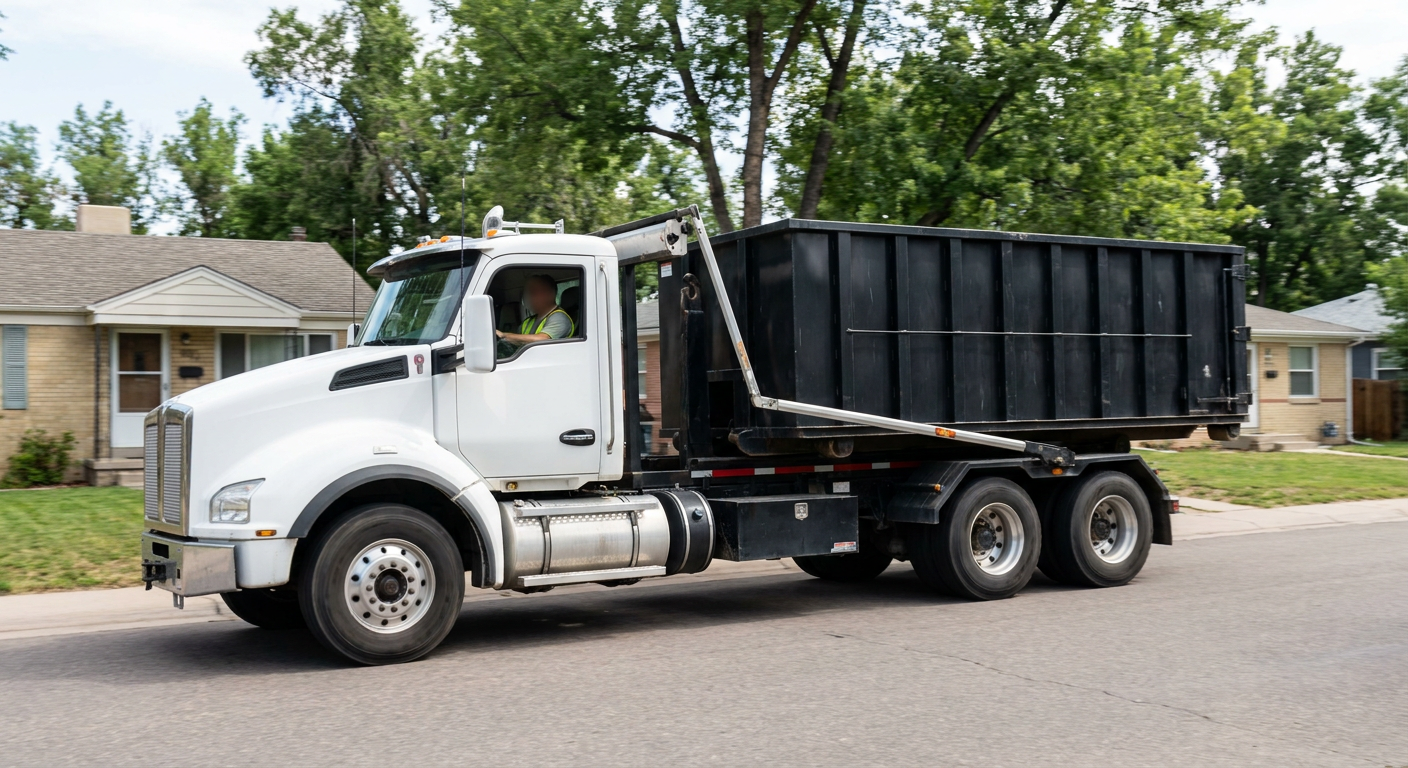 A wide documentary shot of a matte-black roll-off delivery truck pulling onto a quiet Fenton residential street at mid-morning, with neighborhood rooftops and tree-lined blocks visible behind, showing the metro coverage footprint.