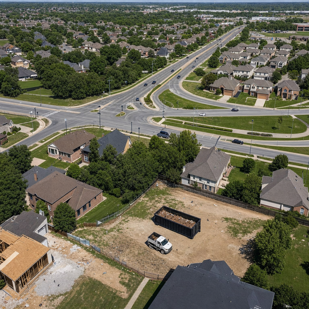 An overhead documentary view of the Fenton metro area at midday, showing the spread of neighborhoods, arterial roads, and the dispatch radius from a central yard — clean daylight, organized geographic layout.