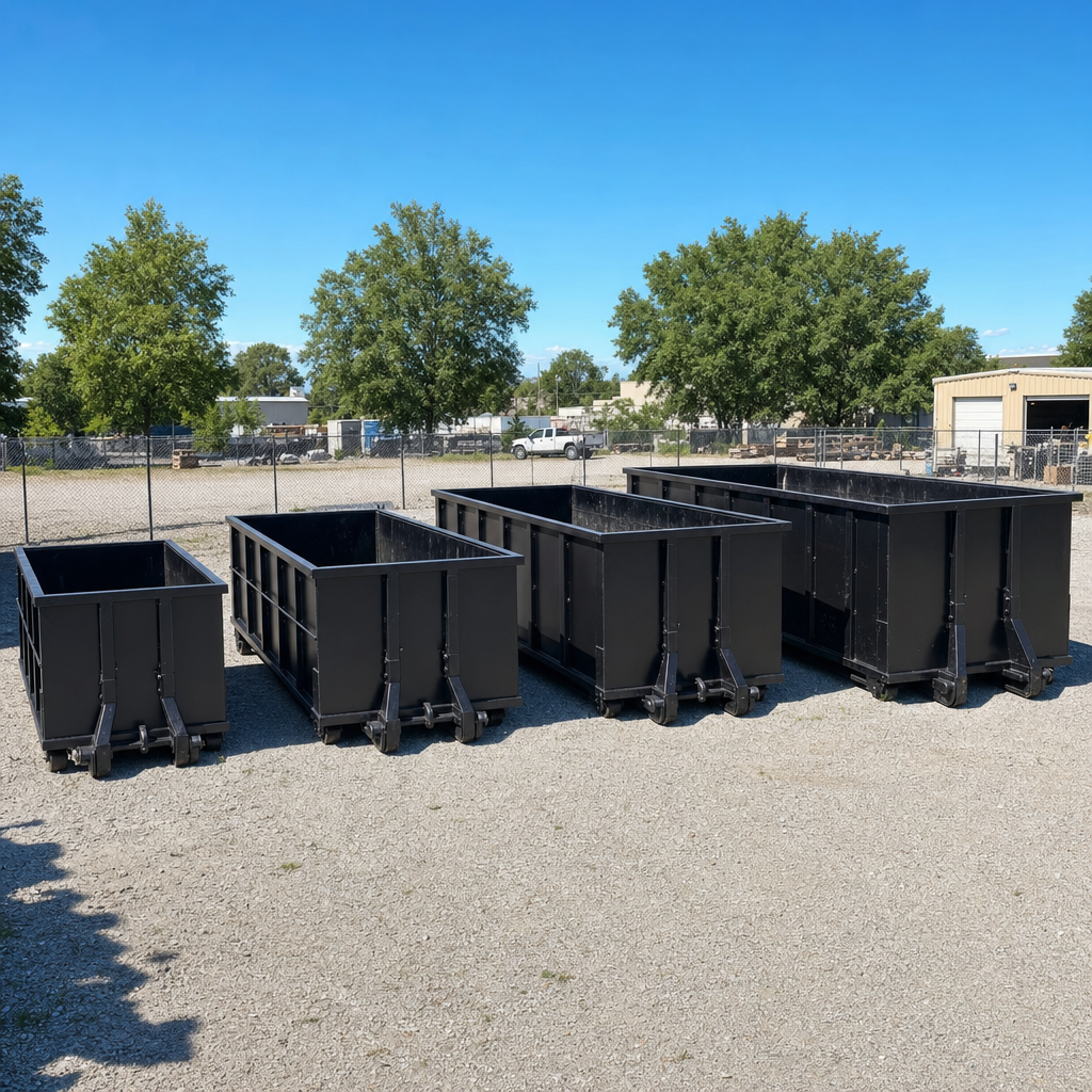 A clean lineup of matte-black roll-off dumpsters in 10, 20, 30, and 40-yard sizes staged on a sunlit gravel yard in Fenton, showing the size progression from compact to commercial-scale containers.