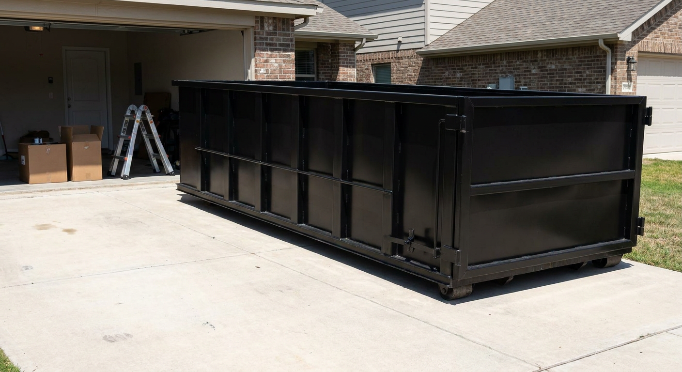 A matte-black 10-yard roll-off dumpster sitting directly on a residential Fenton concrete driveway, mid-day sunlight, clean and ready for a garage cleanout.