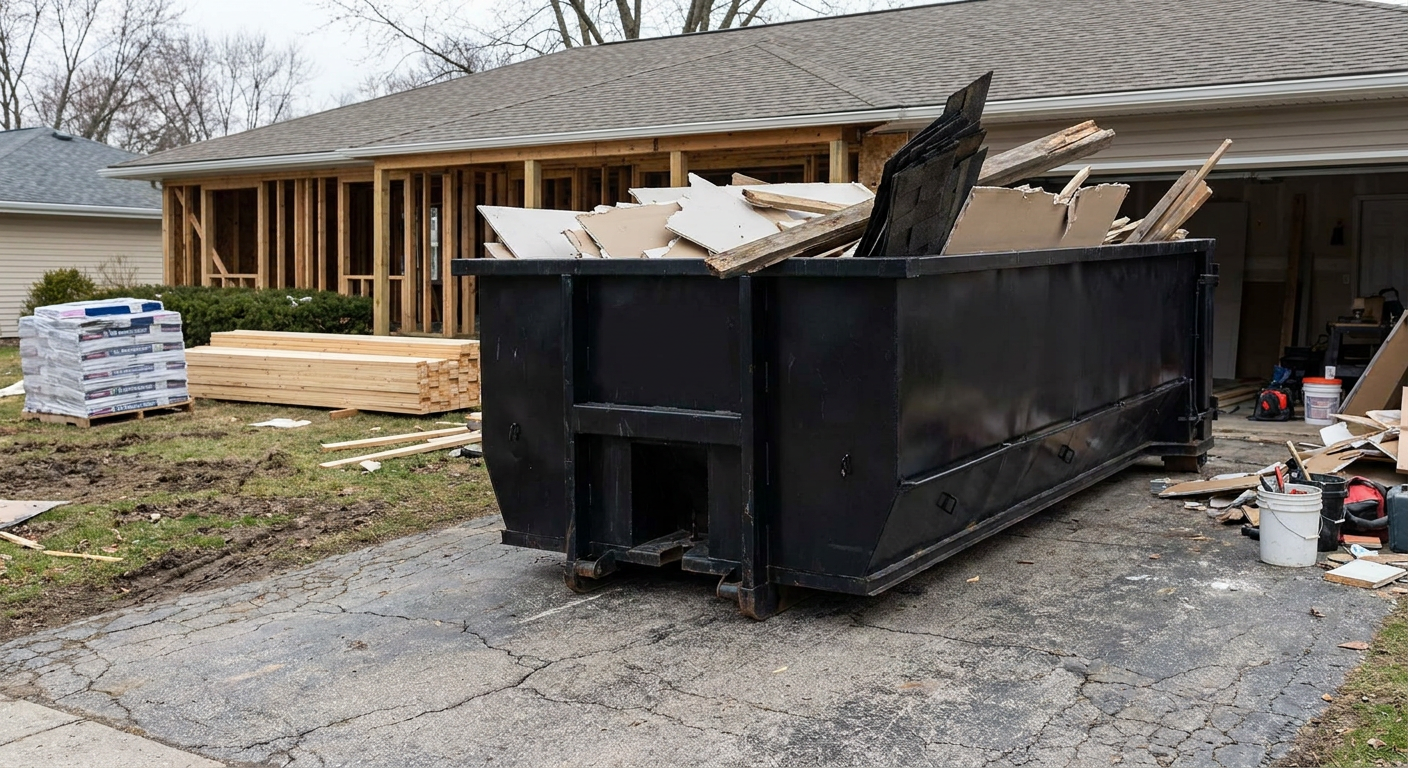 A matte-black 20-yard roll-off dumpster placed alongside a mid-renovation Fenton home directly on the asphalt driveway, with framing materials and torn-off shingles staged neatly nearby.