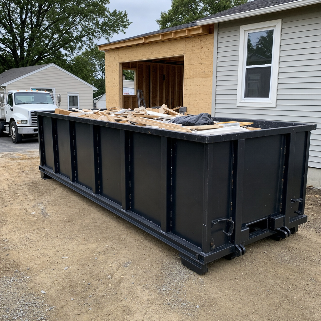 A matte-black 30-yard roll-off dumpster positioned at a Fenton residential addition jobsite, with framing lumber and drywall scraps loaded through the open swinging rear doors.