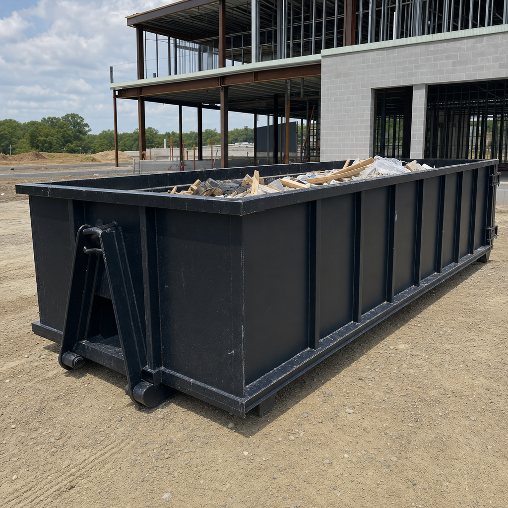 A matte-black 40-yard roll-off dumpster staged on a large Fenton commercial construction lot, with a hooklift delivery truck parked alongside under bright midday sky.