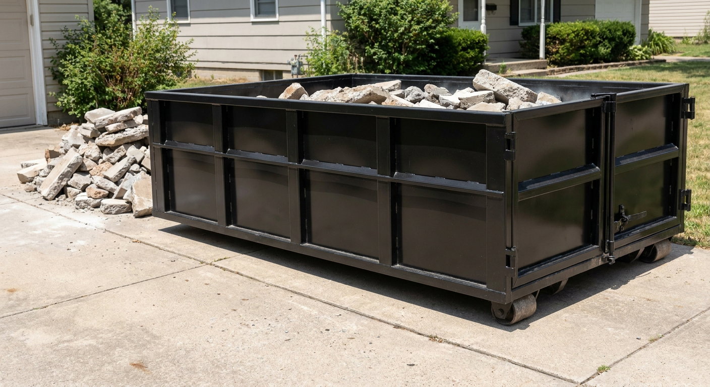 A matte-black low-side heavy-debris roll-off dumpster placed directly on a Fenton concrete driveway, with broken concrete chunks neatly stacked beside it under clean daylight.